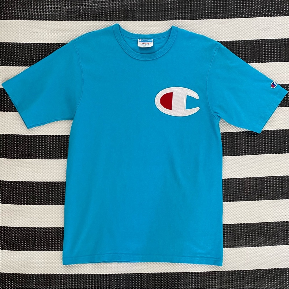 VTG Champion Blue Tshirt 90s Classic Big C Logo  sz Medium Unisex